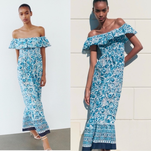 ZARA FLORAL PRINT OFF THE SHOULDER DRESS - Picture 4 of 12